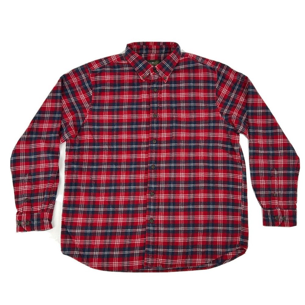 Eddie Bauer Shirt Men's L Red Tartan‎ Plaid Long Sleeve Flannel Button Down